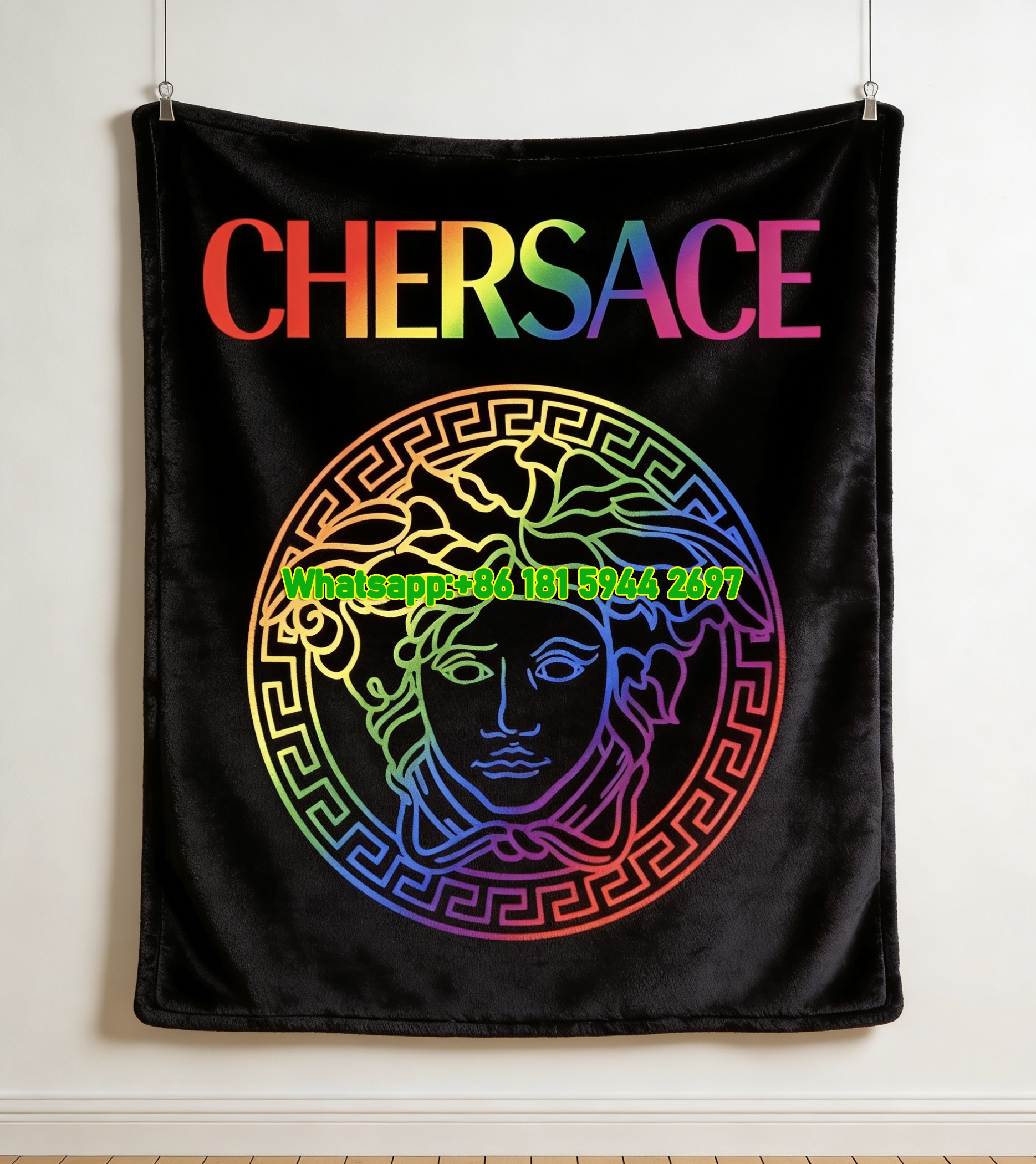 Versace Black Rainbow Medusa Greek Key Logo Print Flannel Sofa Throw Blanket IMG_1304